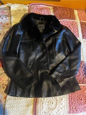 H&G Women's Black Faux Leather Jacket with Faux Fur Collar